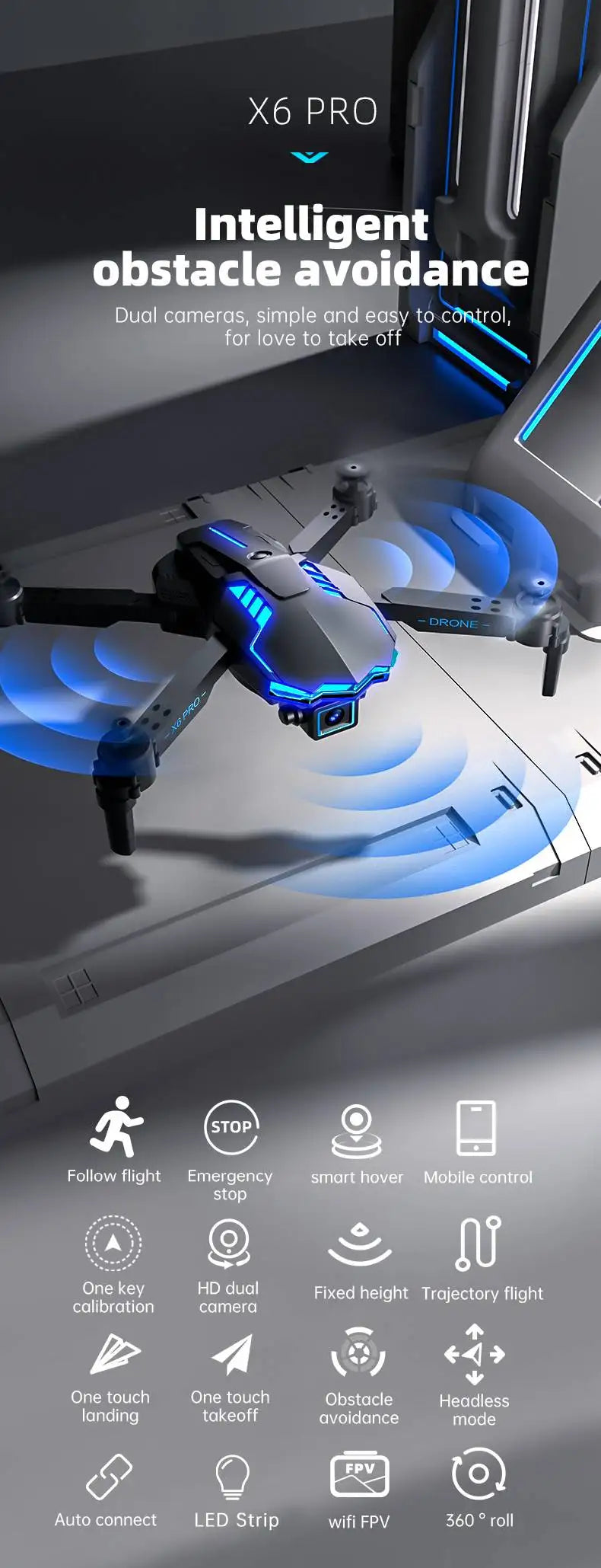 NEW X6 Drone, X6 PRO Intelligent obstacle avoidance Dual cameras, simple and easy to control, for love