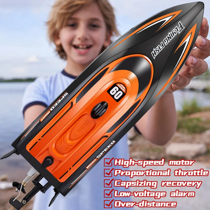 ANTSIR HJ812 RC Boat, ANTSIR HJ812 RC boat with high-speed features: 24GHz frequency, 25km/h top speed, 120m range, and rechargeable battery with low battery alarm.