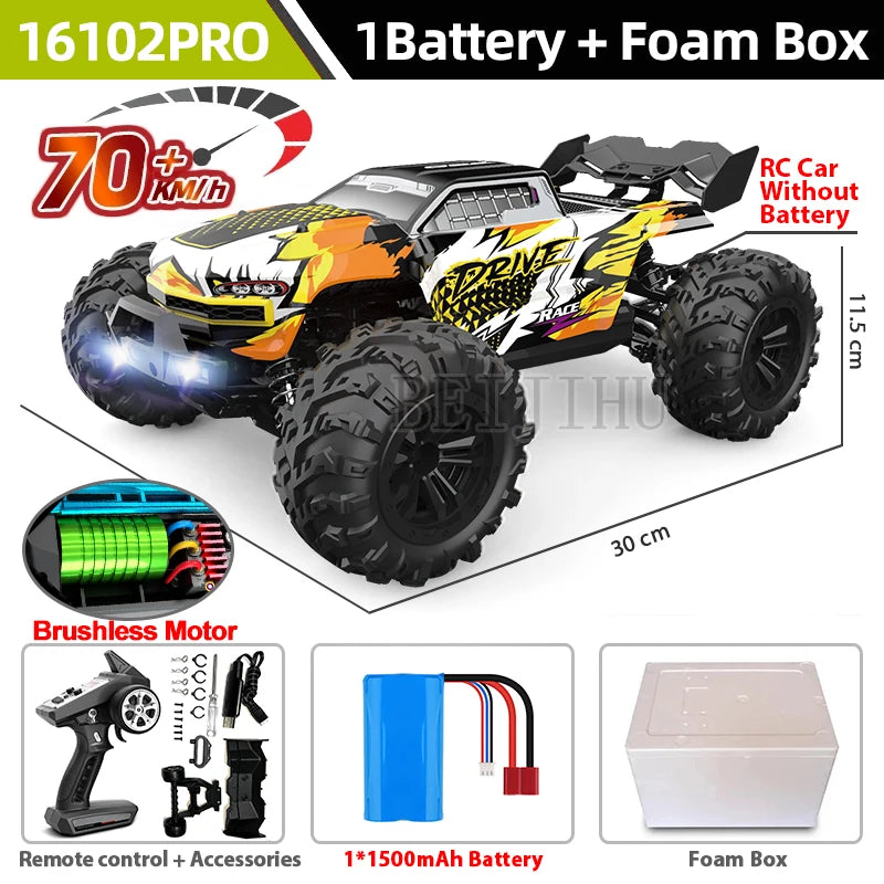 The 16102PRO RC buggy reaches 70+ km/h, features a brushless motor, includes 1 battery and a foam box.