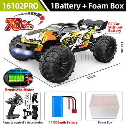 The 16102PRO RC buggy reaches 70+ km/h, features a brushless motor, includes 1 battery and a foam box.