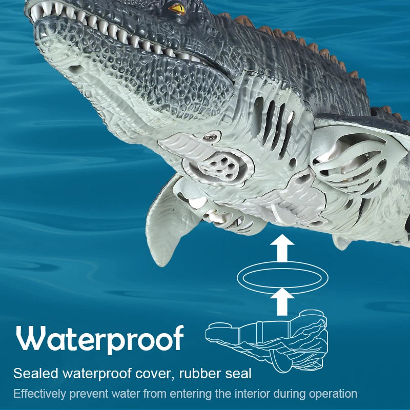 2.4G RC Boat, Waterproof RC Mosasaurus boat features sealed cover and rubber seal to prevent water ingress during operation.