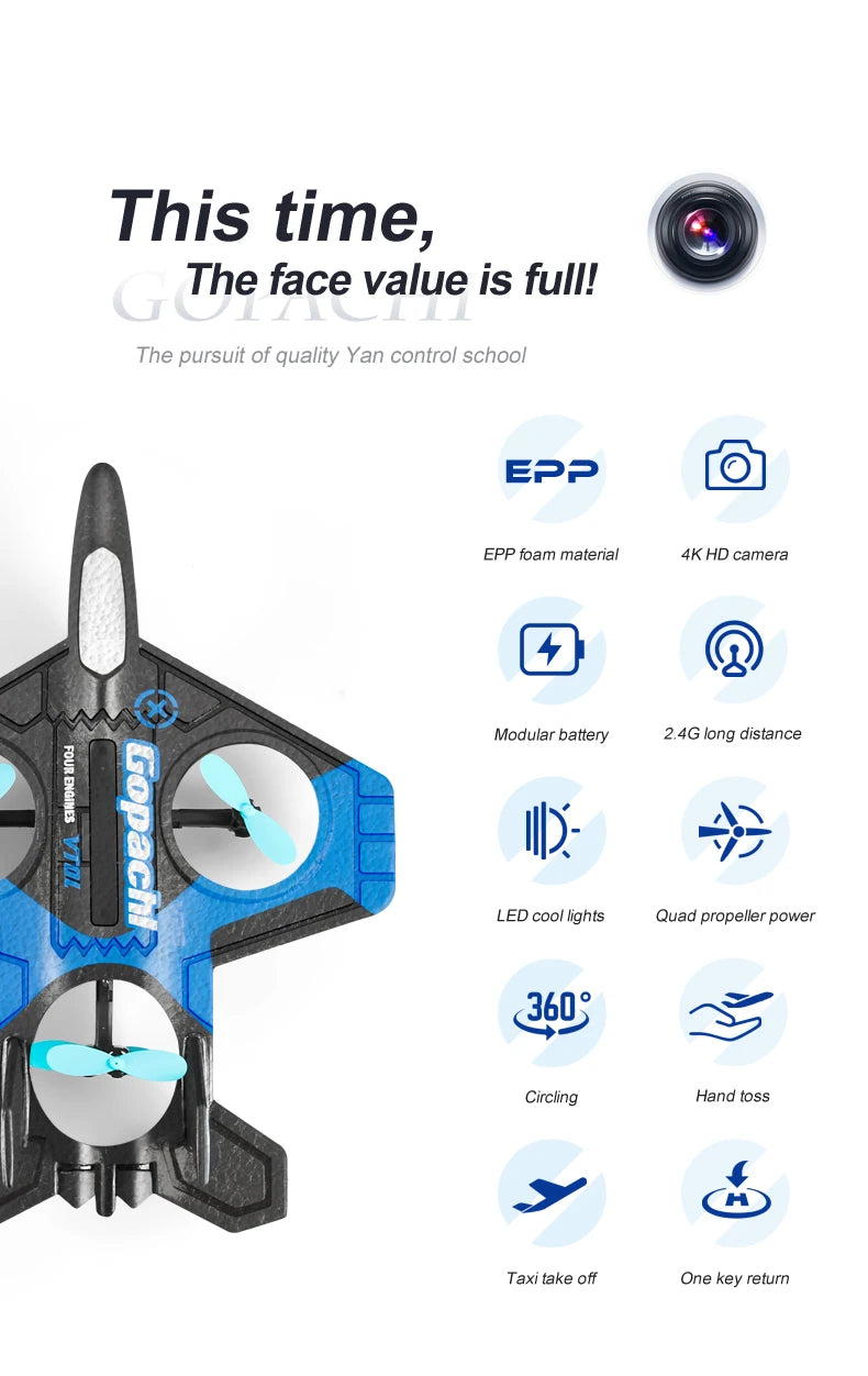 4DRC V17 RC Plane, the pursuit of quality Yan control school E?? EPP foam material 4K HD camera Modular