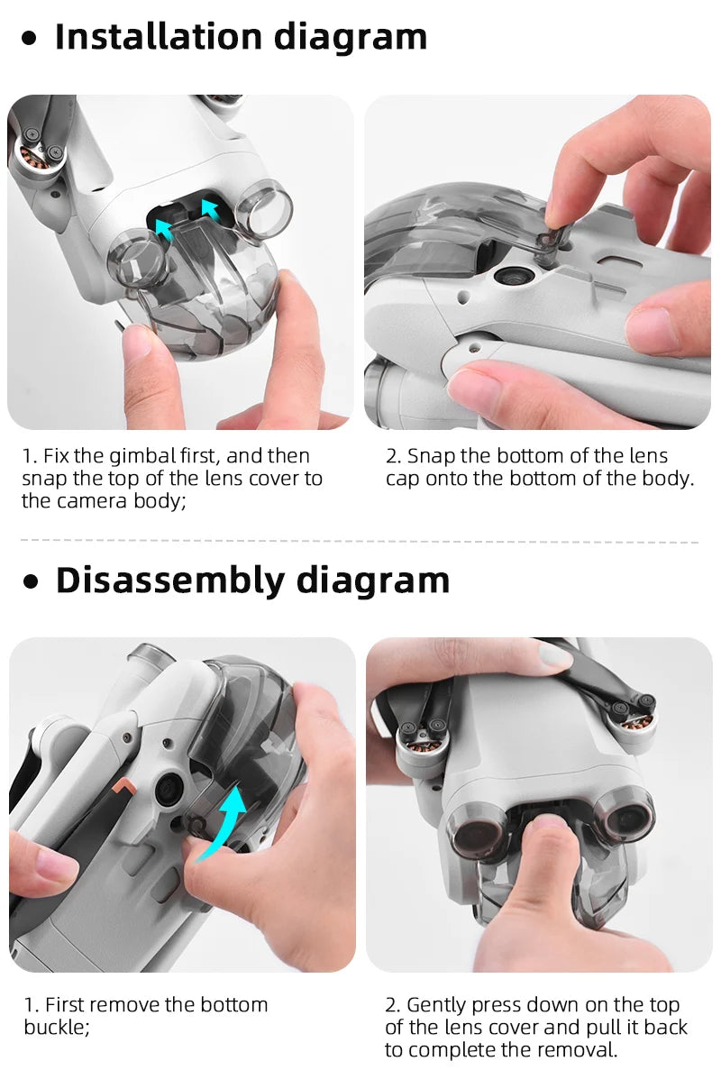 Folding Landing Gear for DJI MINI 3 PRO Drone, disassembly diagram 1. Fix the gimbal first, and then 2.