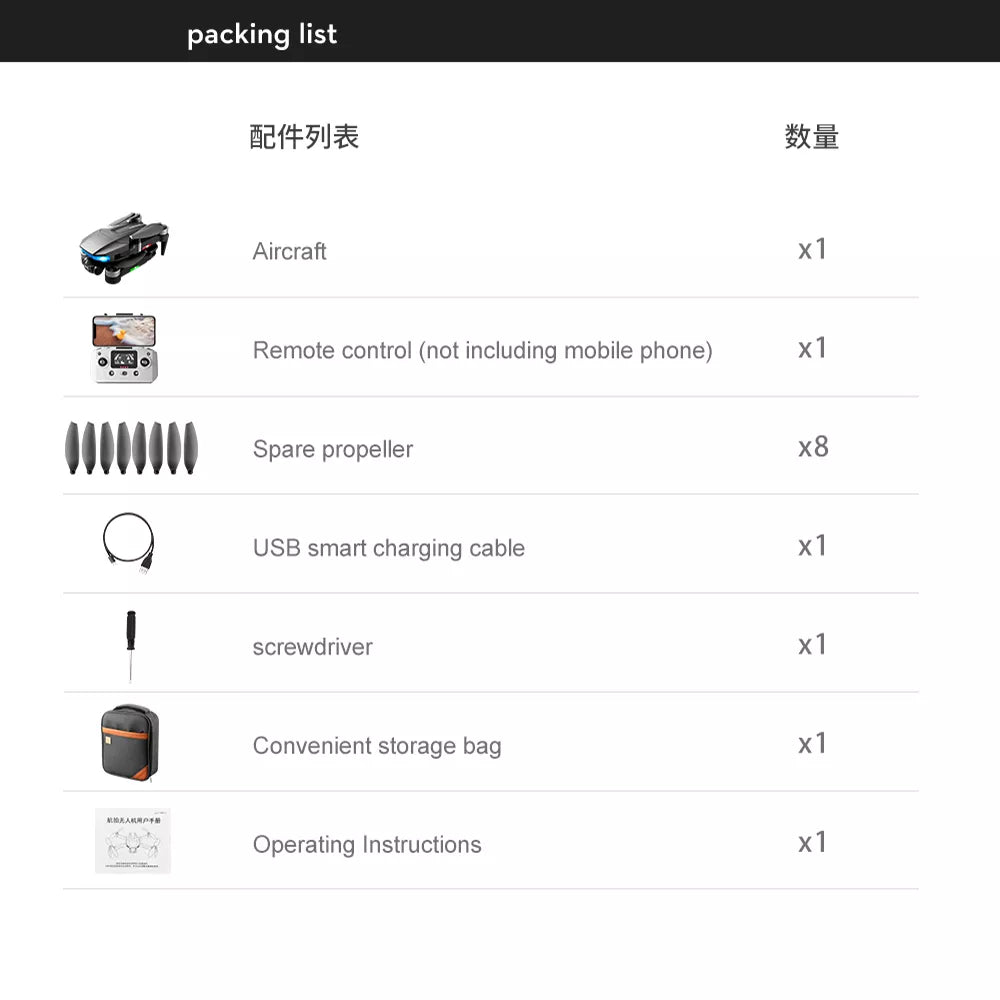 LSRC S7S Drone, packing list: x1 spare propeller, x8 USB smart charging cable, 