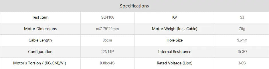 T-motor, Specifications Test Item GB410G Motor Dimensions 047.75*20mm