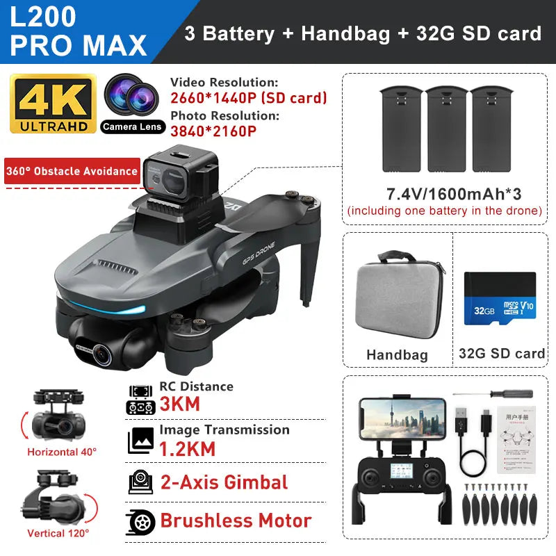 L200 PRO MAX Drone, Advanced drone for capturing 4K video and high-def photos with obstacle avoidance and GPS.