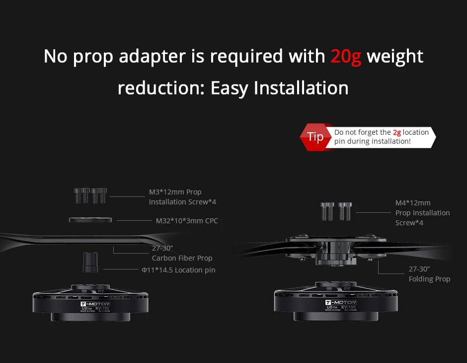 T-motor, No prop adapter is required with 20g weight reduction: Easy Installation Do not forget the 2