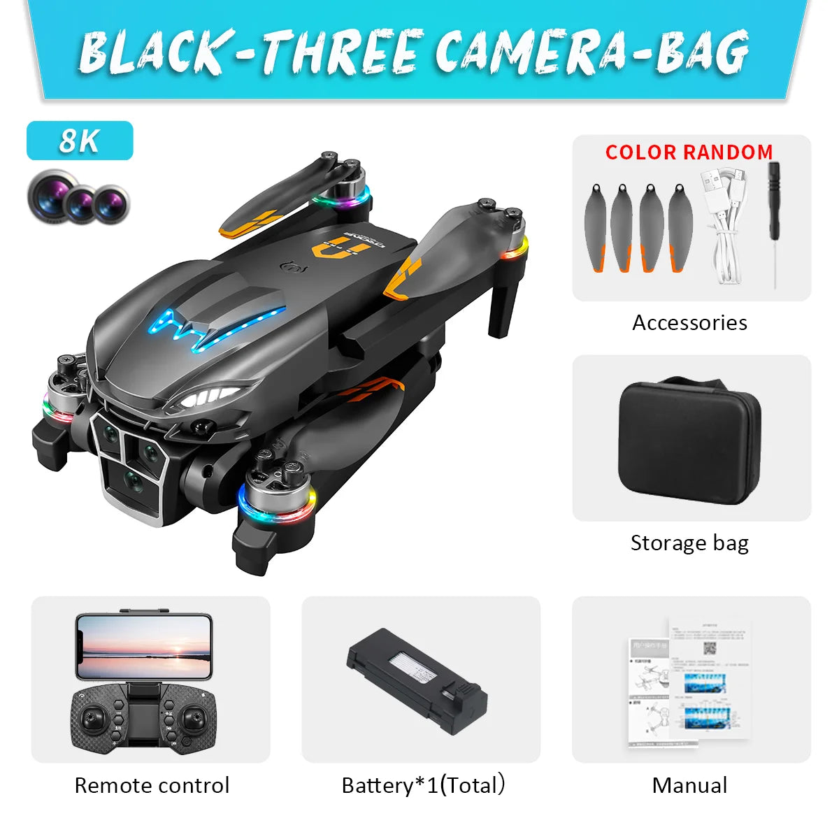 A23 Pro  Drone, Capture stunning moments with the BLACKTHREE A23 Pro Drone, featuring 8K color, random accessories, and easy storage/transport.