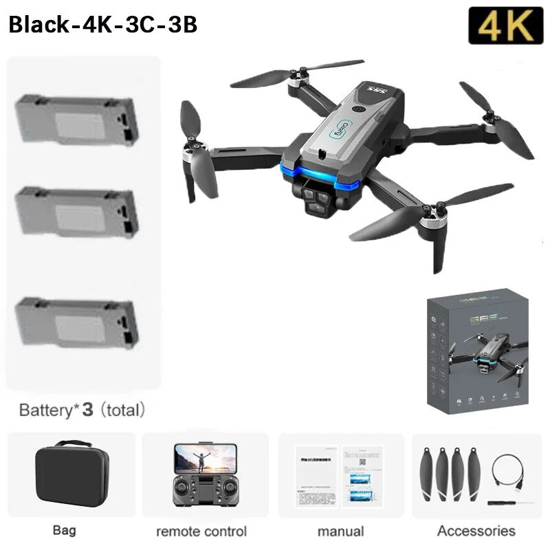 S8S Drone, Black-4K-3C-3B 4K Battery* 3 (total) Remote Control Accessories