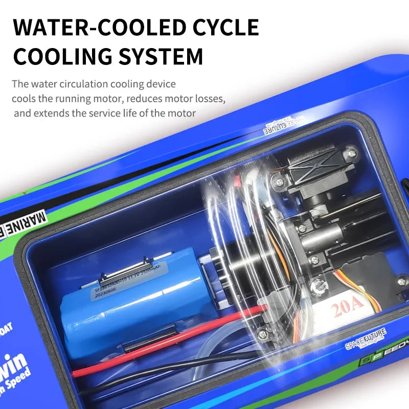 JIKEFUN TX768 RC Boat, Water-cooled system enhances motor efficiency and lifespan; 20A ESC, brushless motor, reaches 30 km/h with 250–300 m range.