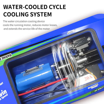 JIKEFUN TX768 RC Boat, Water-cooled system enhances motor efficiency and lifespan; 20A ESC, brushless motor, reaches 30 km/h with 250–300 m range.