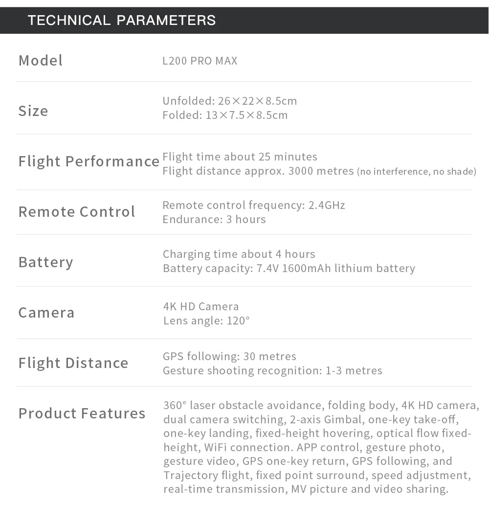 L200 PRO MAX Drone, Advanced 4K drone with obstacle avoidance, GPS following, and gesture recognition features.