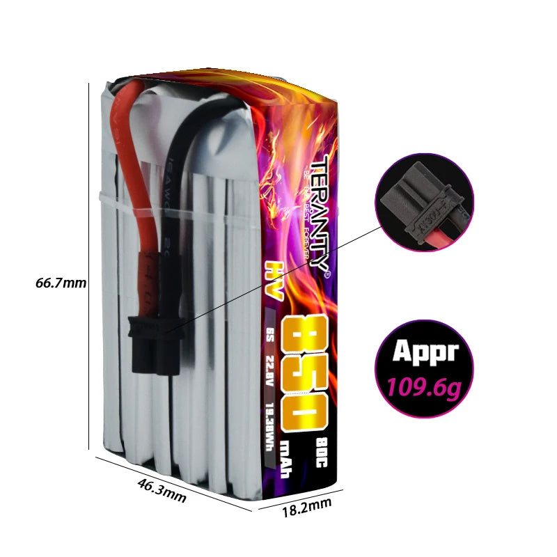 6.jpg Teranty 6S HV 22.8V 850mAh 80/160C Lipo Battery, Teranty 6S HV 22.8V 850mAh LiPo drone battery, suitable for airplanes and remote control toys.