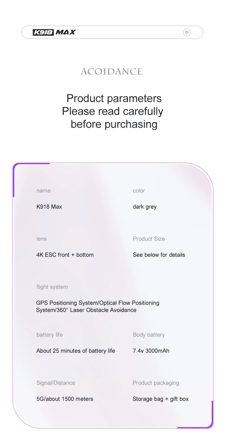 XYRC K918 MAX GPS Drone, K91O MAX ACOIDANCE Product parameters Please read carefully before purchasing name color K