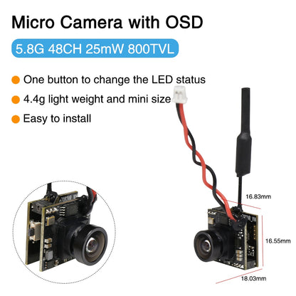 EWRF 800TVL Micro Camera, Micro Camera with OSD 5.8G 48CH 25mW 800TVL One button to