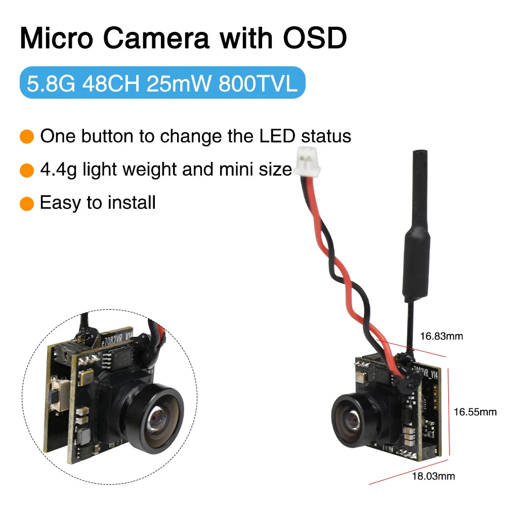 EWRF 800TVL Micro Camera, Micro Camera with OSD 5.8G 48CH 25mW 80OTVL One button
