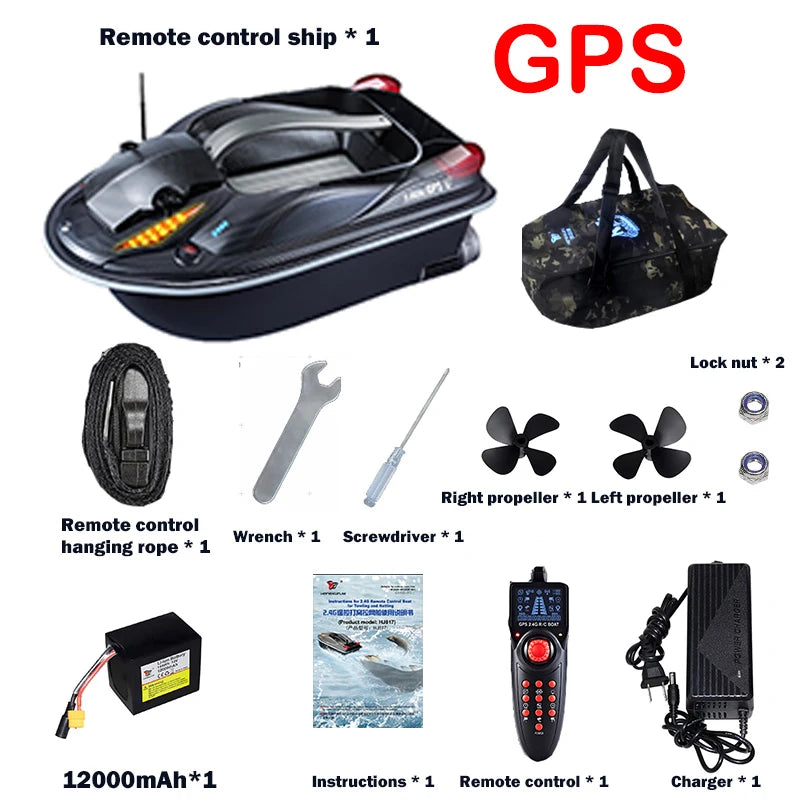 HJ817 RC Fishing Boat, GPS-enabled RC fishing boat with dual motors, 12000mAh battery, charger, propellers, tools, and accessories for remote-controlled fishing adventures.