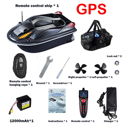 HJ817 RC Fishing Boat, GPS-enabled RC fishing boat with dual motors, 12000mAh battery, charger, propellers, tools, and accessories for remote-controlled fishing adventures.