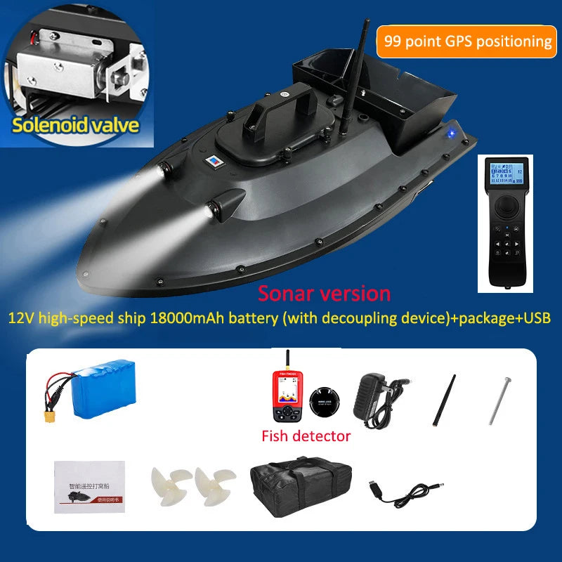 12V GPS RC bait boat with sonar, 99-point positioning, 600m range, auto return, and night lights for enhanced fishing navigation and safety.