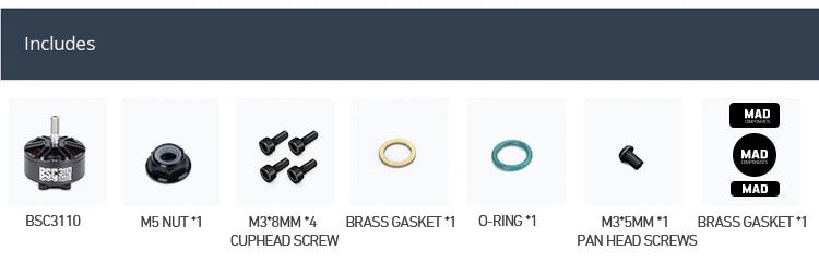 MAD BSC3110 FPV Drone Motor, Motor kit contents: motor, M3 nut, brass gasket, and pan head screw for easy assembly.