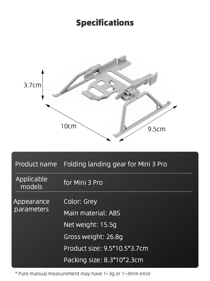 Landing Gear for DJI MINI 3 Pro, Specifications 3.7cm p 1Ocm 9.5cm Product name Fold