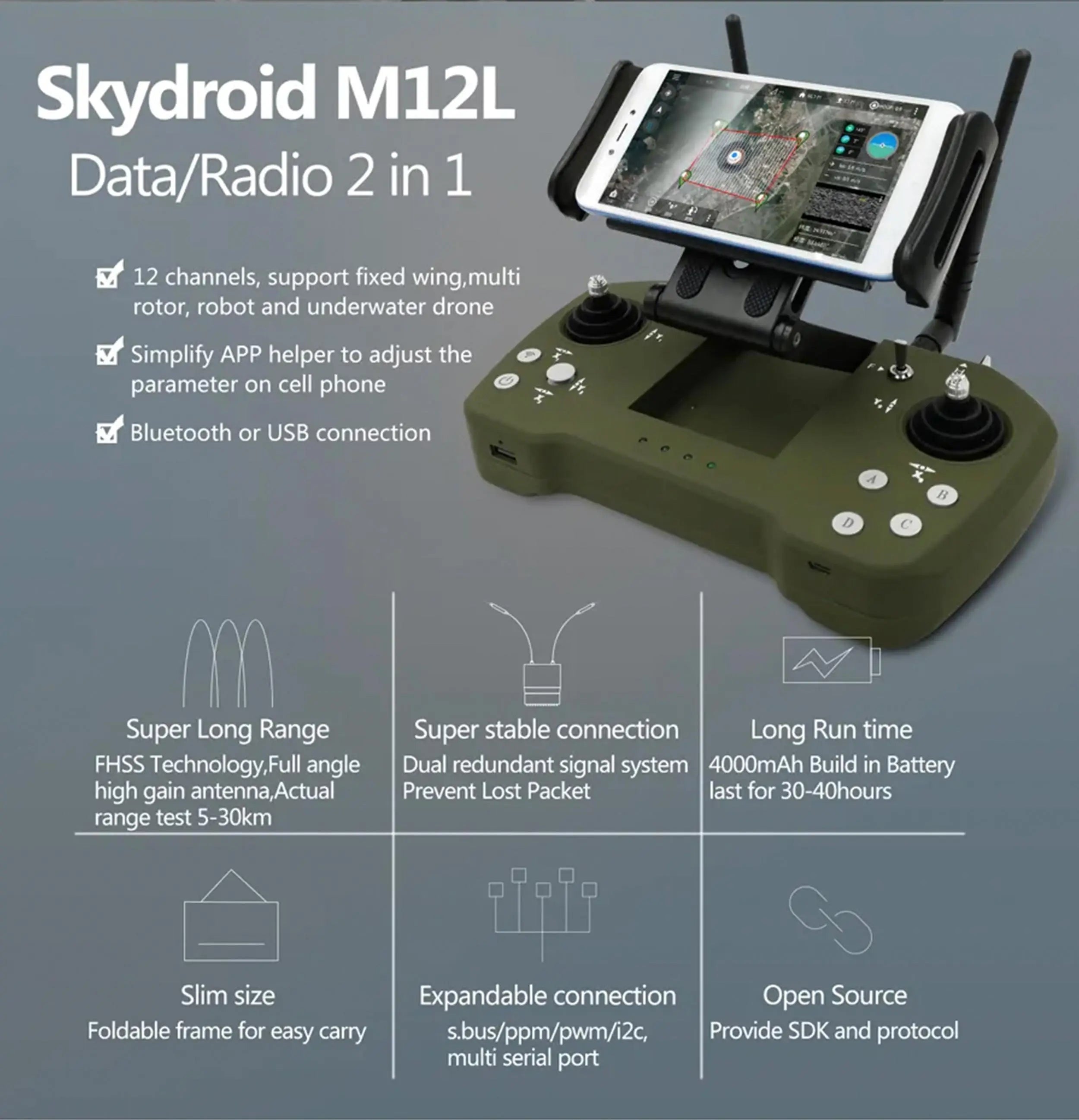 Skydroid M12L: Professional UAV digital radio system for long-range flights with simplified app control and stable signal transmission.