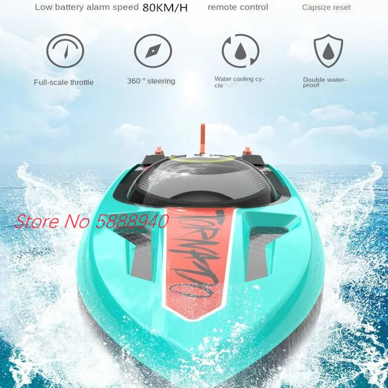 Tccicadas S002 Brushless Waterproof RC Boat, Tccicadas S002 features a speed of 80km/h, 2.4GHz frequency, range of 200m, and comes with capsize reset and LED lights.