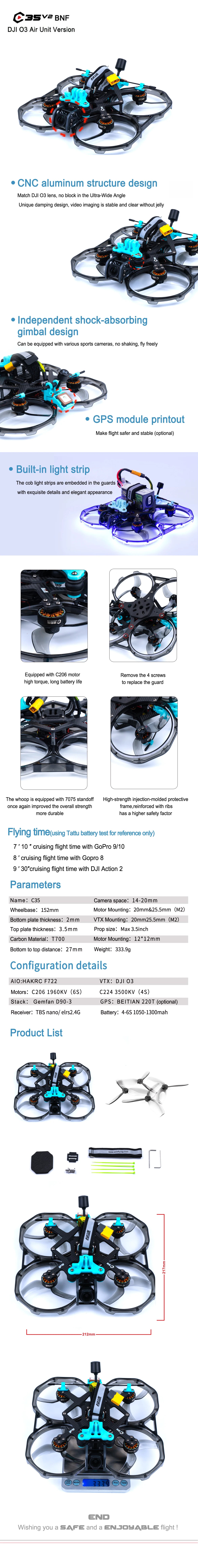 Axisflying CineON C35 V2 - 3.5inch Cinewhoop / Cinematic DJI O3 BNF - 6S 6 Axisflying CineON C35 V2, Gopro gimbal has a built-in light strip embedded in the guards