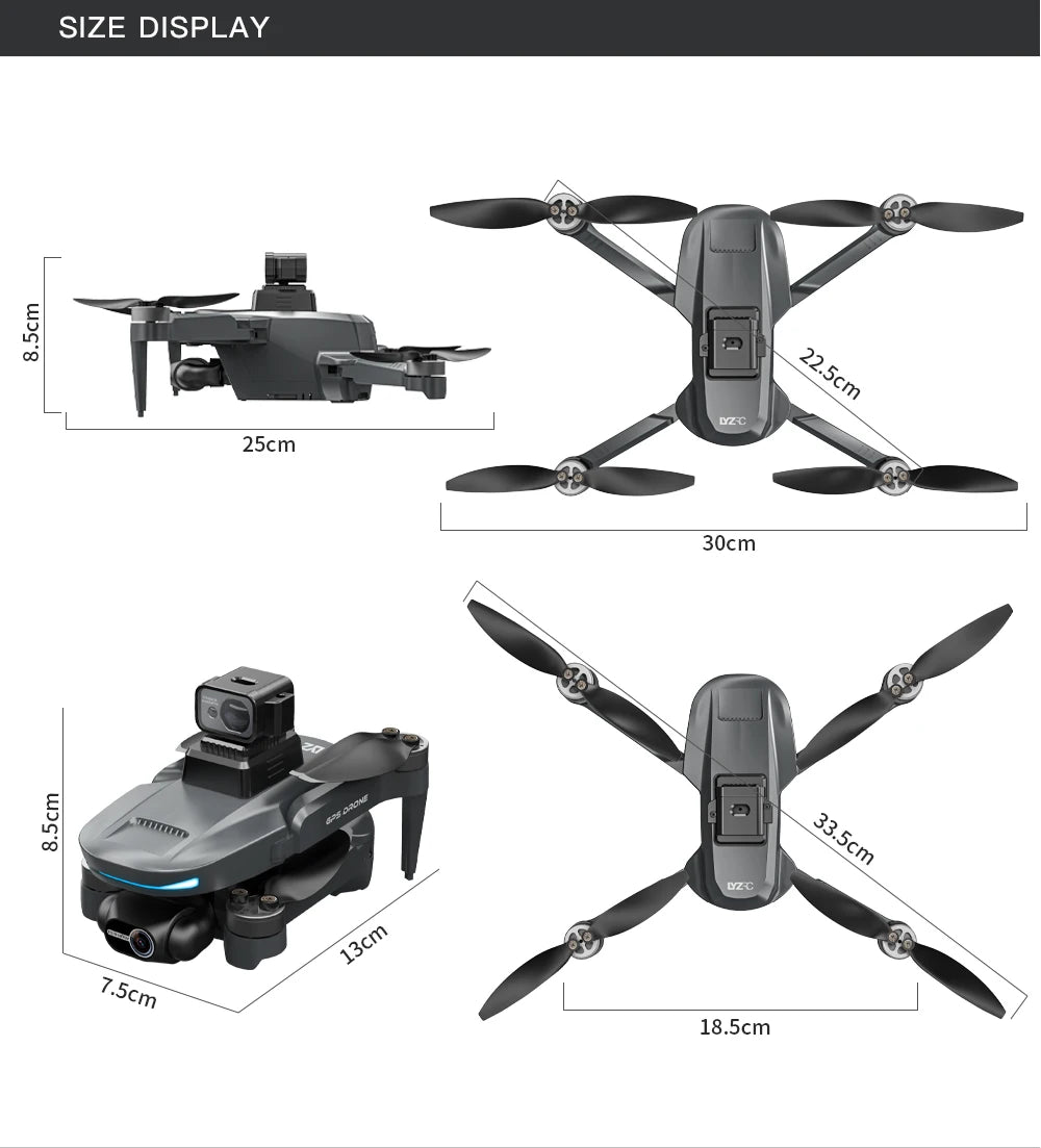 L200 PRO MAX Drone, Drone dimensions: 25cm long, 30cm wide, 18cm high, with 13cm rotor and 7cm gimbal.