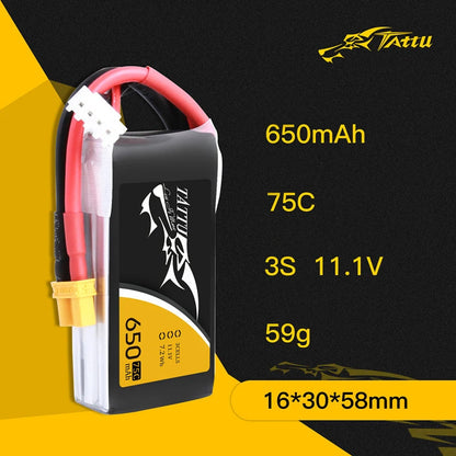 باتری TATTU 3S/4S 11.1/14.8V 650mAh 75C LiPo برای پهپاد مسابقه ای FPV با دوشاخه XT30/XT60