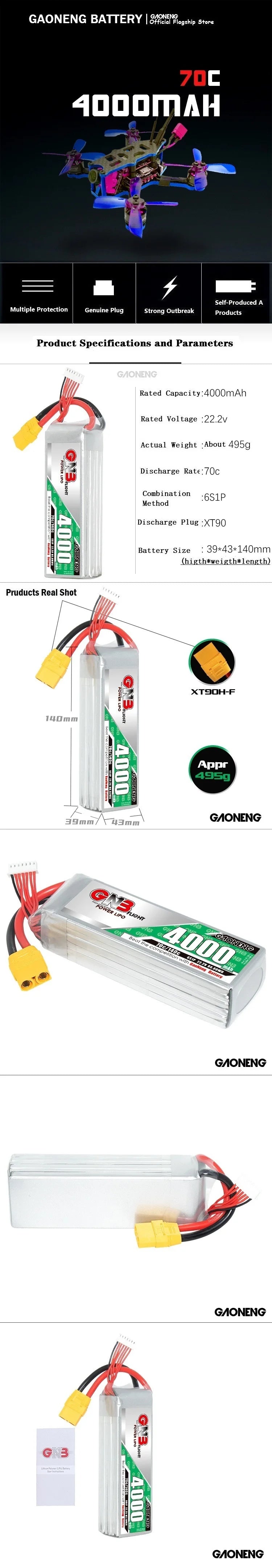 GaoNeng GNB LiPo Battery: 22.2V, 4000mAh, 70C discharge rate, 6S1P combo, measures 39x43x140mm