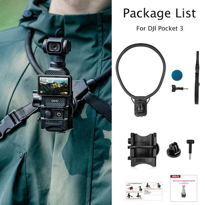 STARTRC Neck Hanging Mount Bracket, Neck mount for DJI Pocket 3, includes bracket, strap, adapters, and accessories.