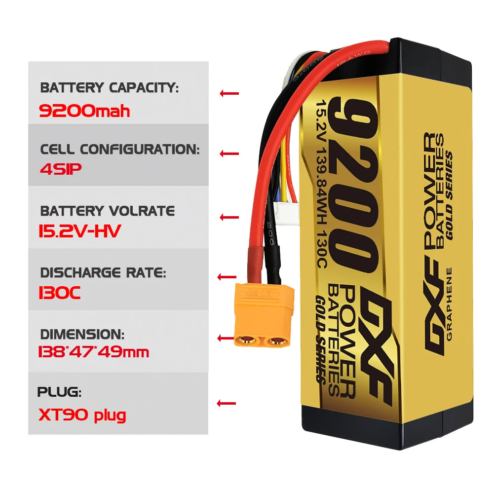 DXF 4S Lipo Battery 14.8V 15.2V 6500mAh 9200mAh - Gold Version Graphene Racing Series HardCase for RC Car BX Evader Truggy Buggy 38 DXF 4S Lipo Battery 14.8V 15.2V 6500mAh 9200mAh, DXF 4S Lipo Battery, BSCHARGE RATe: 3 ' B8eSQ9mm 1