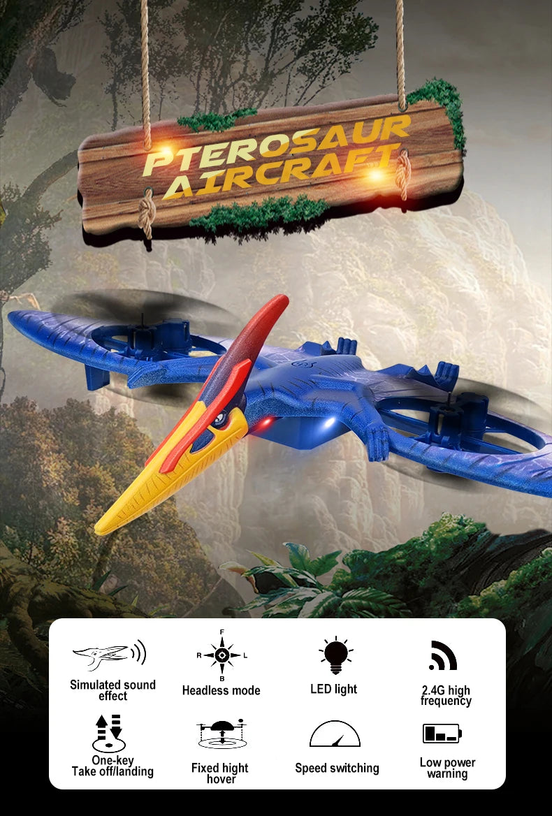MXW New Mini Drone Dinosaur Remote Control Aircraft 2.4G Radio Control Helicopter Pterosau Drones RC Plane Children's Flying Toy 10 Simuletecsound Headless mode LED light 24G high frequency Takeofillad