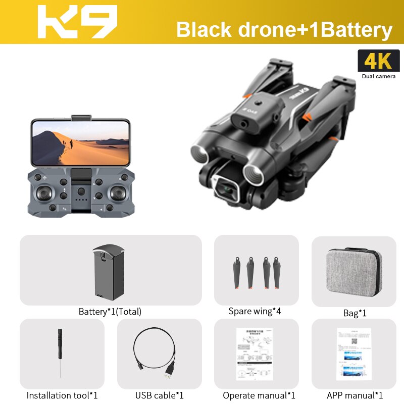 K9 RC Drone, KD Black drone+1Battery 4K Dual camera Battery"