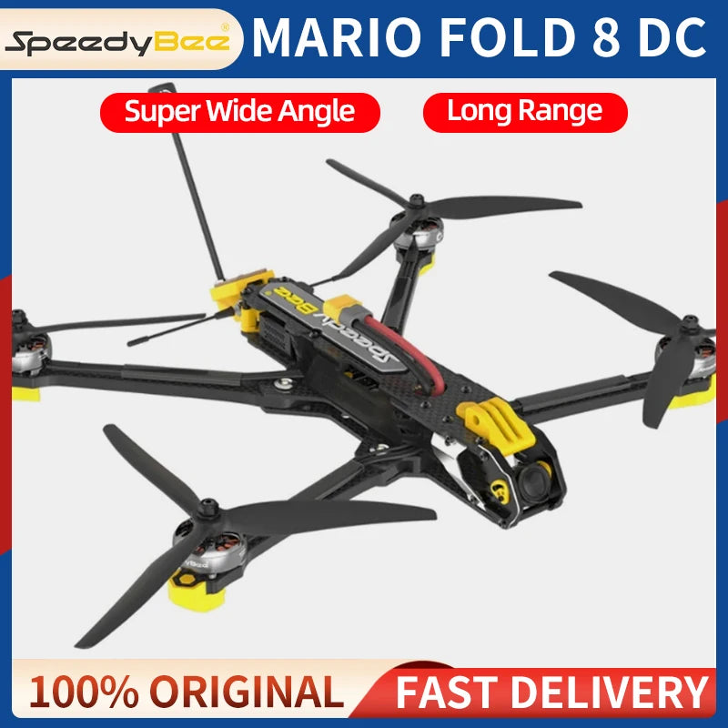 SpeedyBee Mario Fold 8 DC 8 Inch FPV, FPV drone features long-range F722 V3 FC, 50A 4in1 ESC, and 2807 brushless motor for speed and agility.