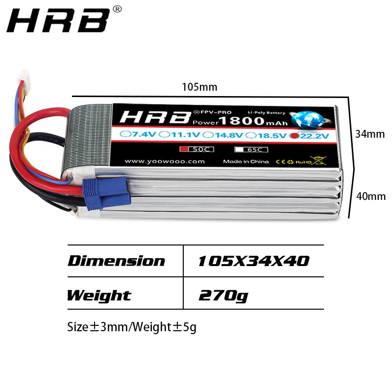 2PCS HRB Lipo Battery, 105mm OTdvPro Liroly Water HRB Power 800mAh O7