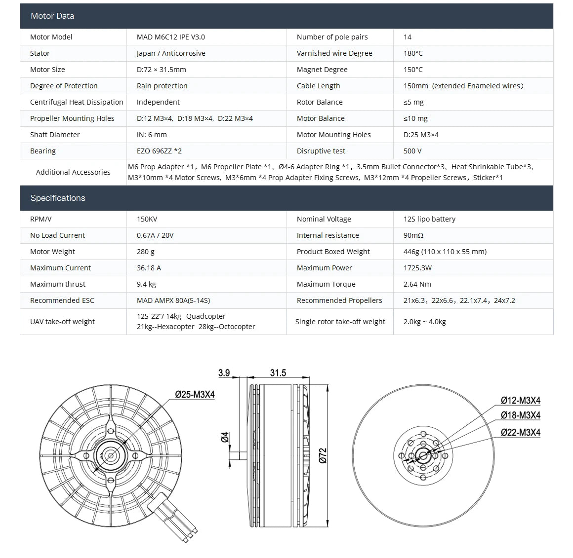 MAD M6C12 IPE V3 Drone Motor, High-performance brushless drone motor for long-range UAV applications in video, mapping, and aerial photography.
