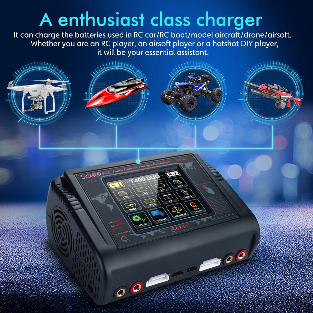 HTRC T400 Pro RC Lipo Charger, it can charge the batteries used in RC car/RC boat/model aircraft/ dronel