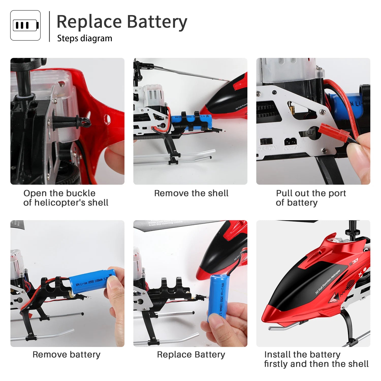 SYMA RC Helicopter S37 Aircraft - with Altitude hold, 3.5 Channel, Alloy Material, Gyro Stabilizer Toy for Kids Beginners Indoor 12 SYMA RC Helicopter, replace battery Steps diagram Li Hen Open the buckle Remove the shell Pull out the port of