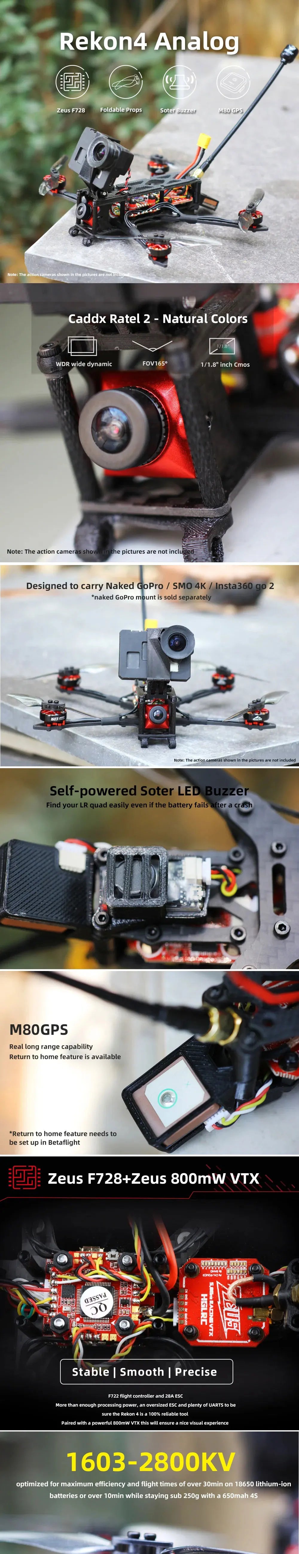 HGLRC Rekon 4 - LR Micro Long Range Quad Analog Version Caddx Ratel2 1603 2800KV WITH GPS For RC FPV Quadcopter Freestyle Drone 7 HGLRC Rekon 4, Rekon4 Analog Zeus F728 Foldable Props Soter Buzzer M