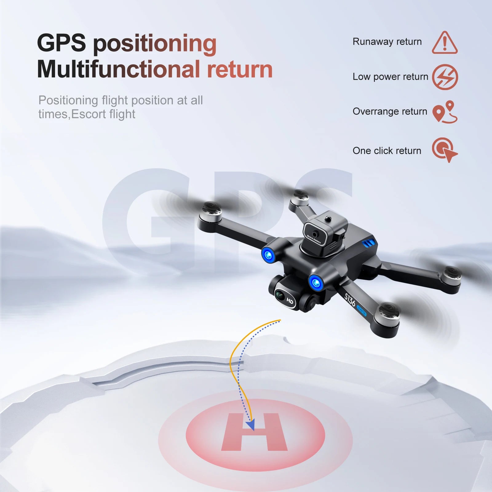 S136 GPS Drone, GPS positioning Runaway return Multifunctional return Low power return Positioning flight position at all times,