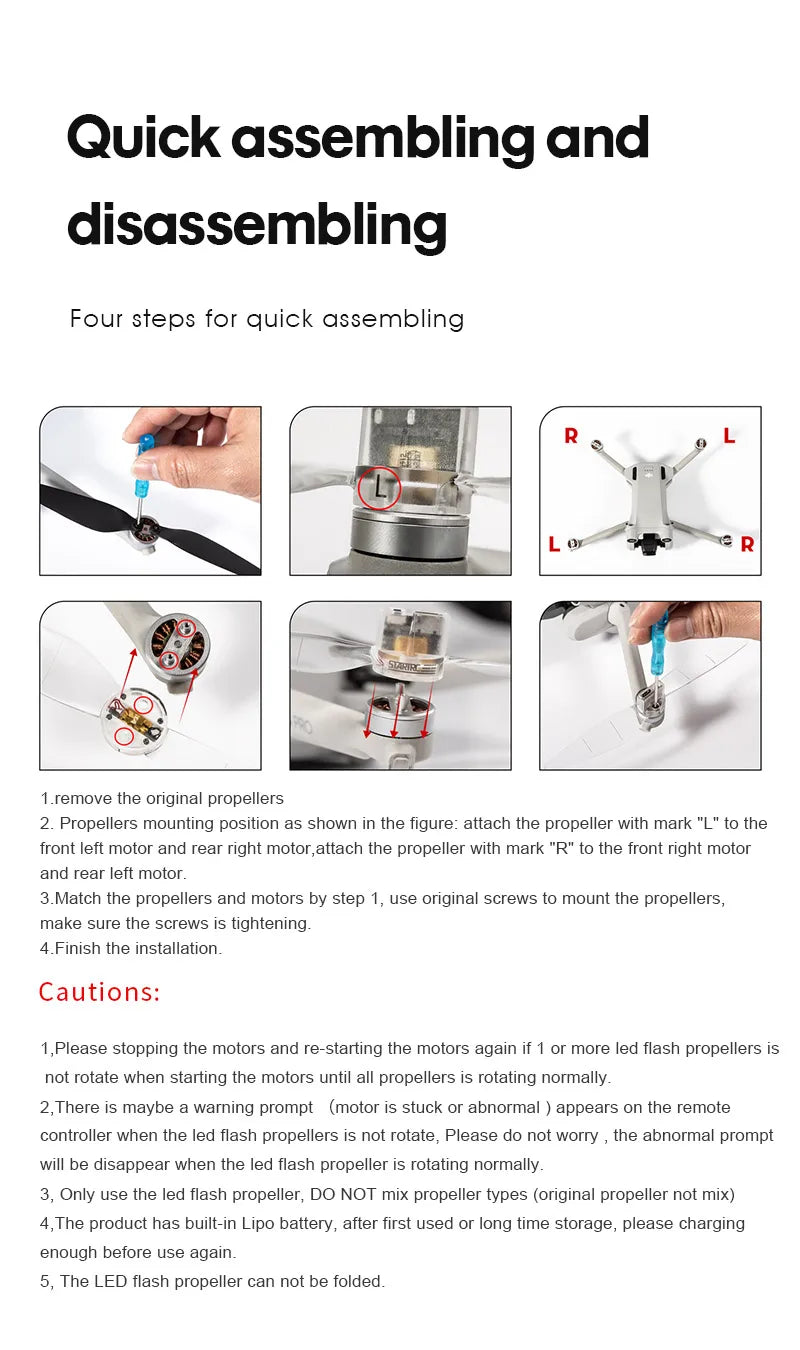 LED Light Flash Propeller. four steps for quick assembling and disassembling a remove the original propellers .