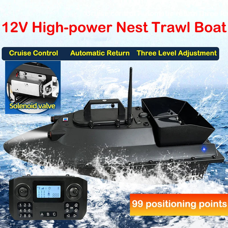 A 12V GPS RC boat features 99-point positioning, 600m range, 2.5kg load capacity, night lights, cruise control, and auto return functionality.