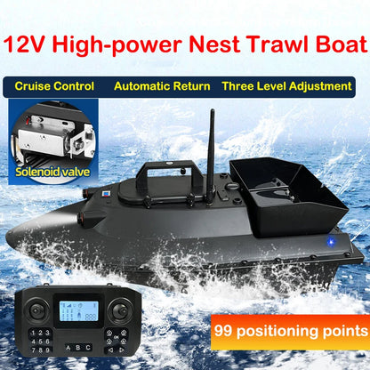 A 12V GPS RC boat features 99-point positioning, 600m range, 2.5kg load capacity, night lights, cruise control, and auto return functionality.