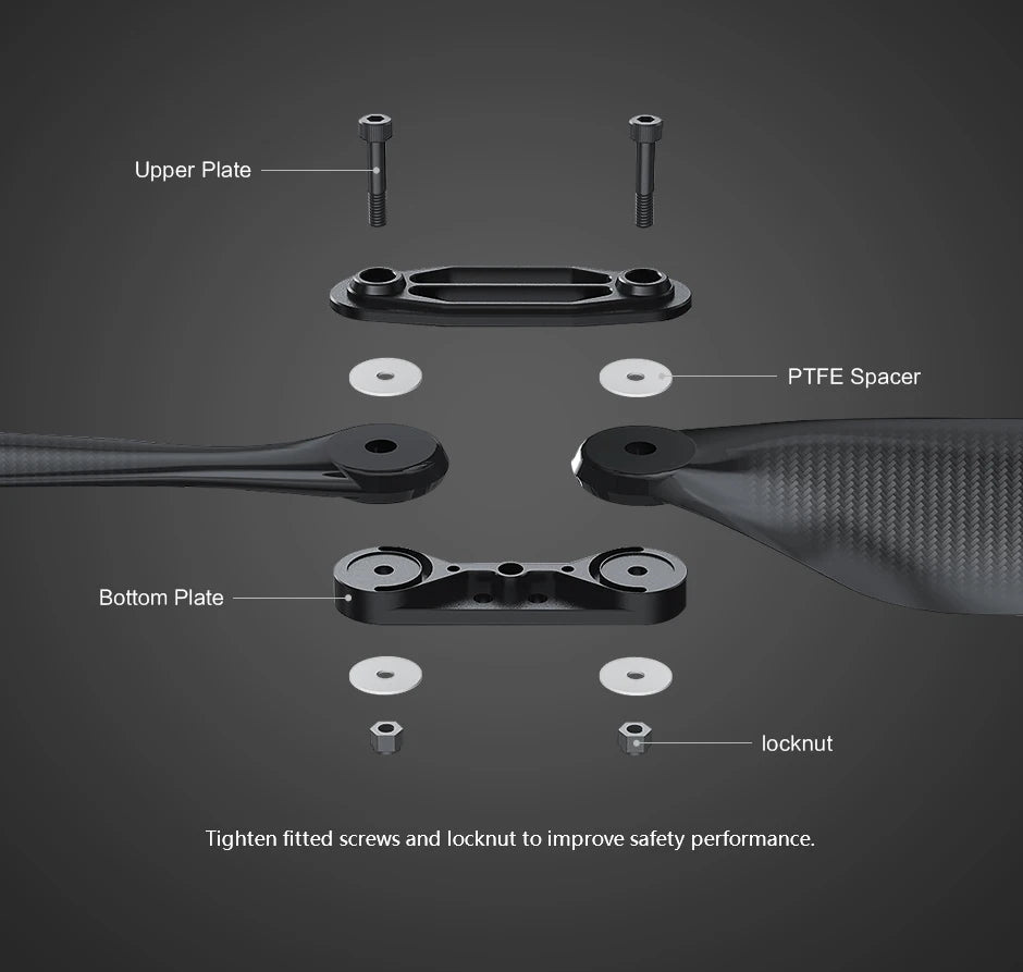 T-motor FA18.2x5.9 Folding Prop, Upper Plate PTFE Spacer Bottom Plate locknut Tighten fitted screws and locknut