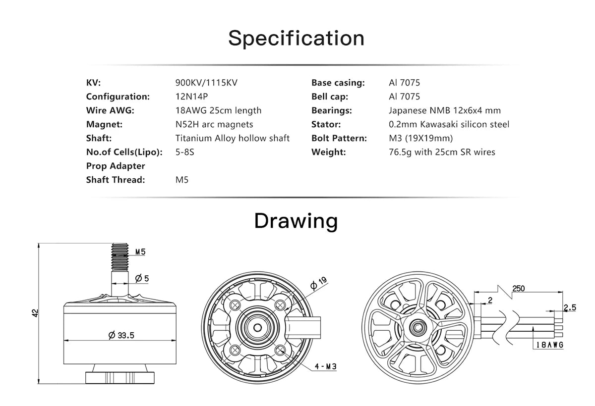 Brotherhobby Avenger 2812 V3 900KV / 1115KV Brushless Motor 5-8S Titanium Alloy hollow shaft 7-9inch Propeller for RC FPV Drone 11 KV: 90OKV/1115KV Base casing: Al 7075 Configuration