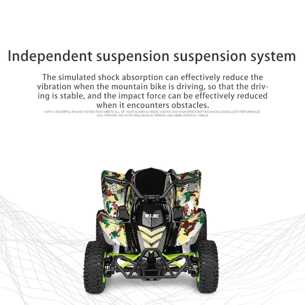 Independent suspension reduces off-road vibration. Powerful engine for climbing, wading, racing. Camouflage with LED lights and LCD remote.