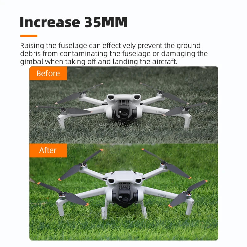 Foldable Landing Gear for DJI MINI 3/ for MINI 3 PRO Extender Long Leg Foot Protector Stand for MINI 3 Drone Accessories 12 Foldable Landing Gear, Increase 35MM Raising the fuselage can effectively prevent the ground debris from contaminating the