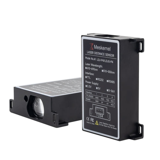Meskernel LDJ-P4 Industrial Laser Distance Sensor, Meskernel LDJ-P4 laser sensor: 0.03–100m range, ±1–3mm accuracy, 4Hz, IP54, RS485 (TTL/RS232 optional), 5–36V, 610–690nm or 510–550nm, made in China.